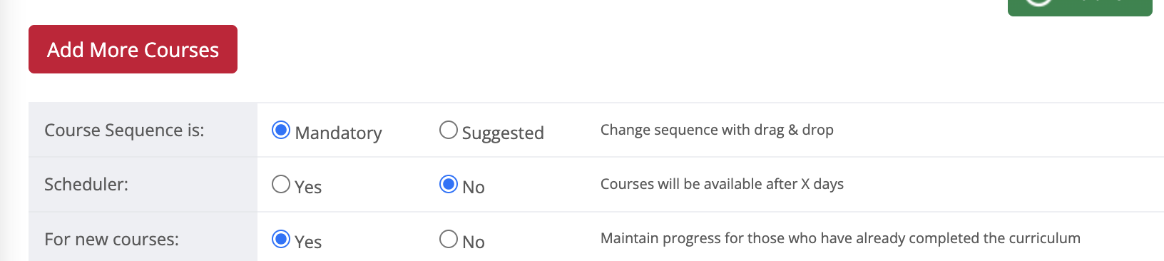 Generic curriculum course-sequence settings panel showing the Maintain Progress toggle